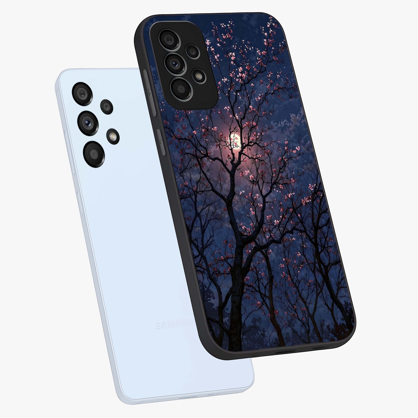Twilight Sakura Serenade Glass Case displayed in angled mockup highlighting delicate sakura flower design with dreamy aesthetic.