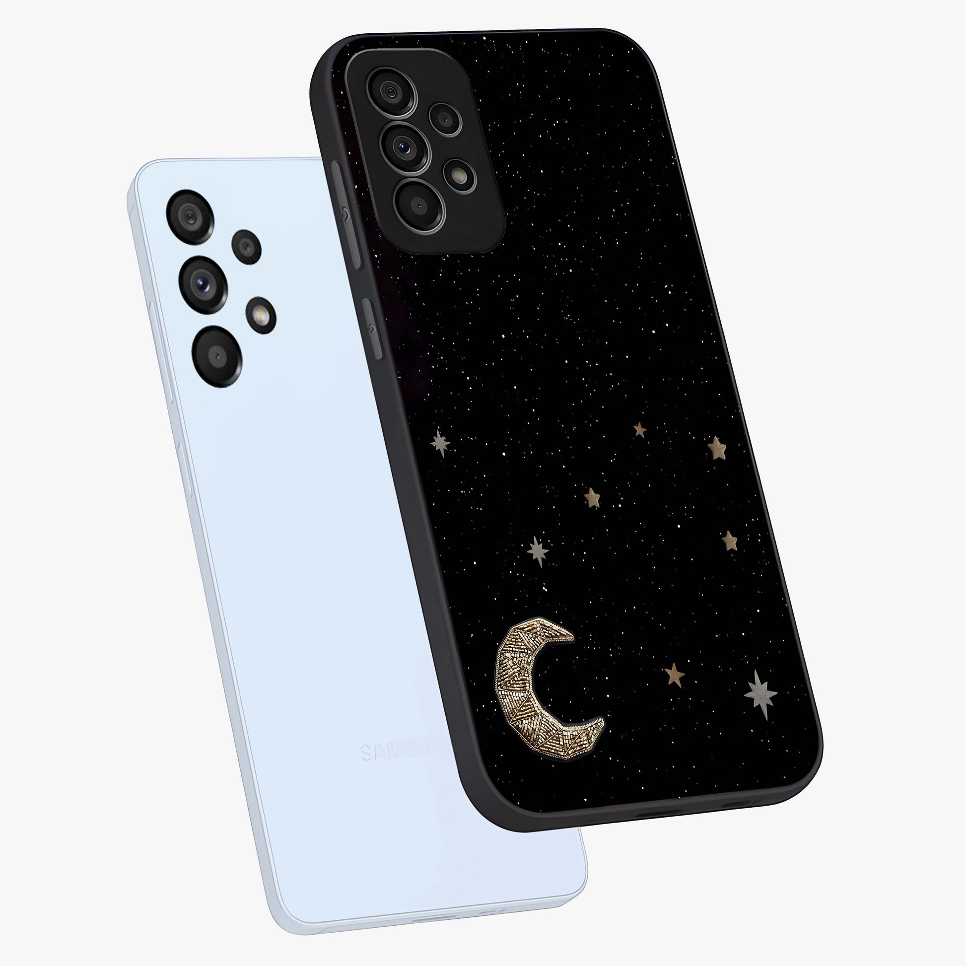 Twinkle Star With Half Moon Glass Case displayed in angled mockup highlighting celestial moon and star design with magical aesthetic.