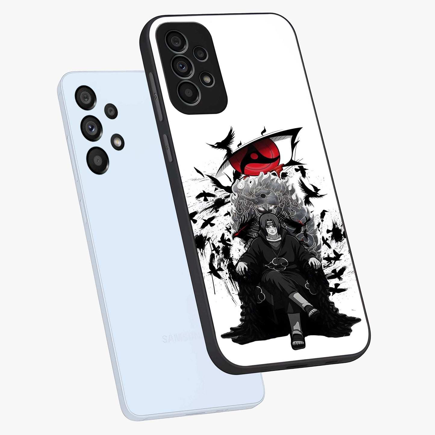 Uchiha Shadow Throne Glass Case displayed in angled mockup highlighting glowing aquatic design with celestial aesthetic.