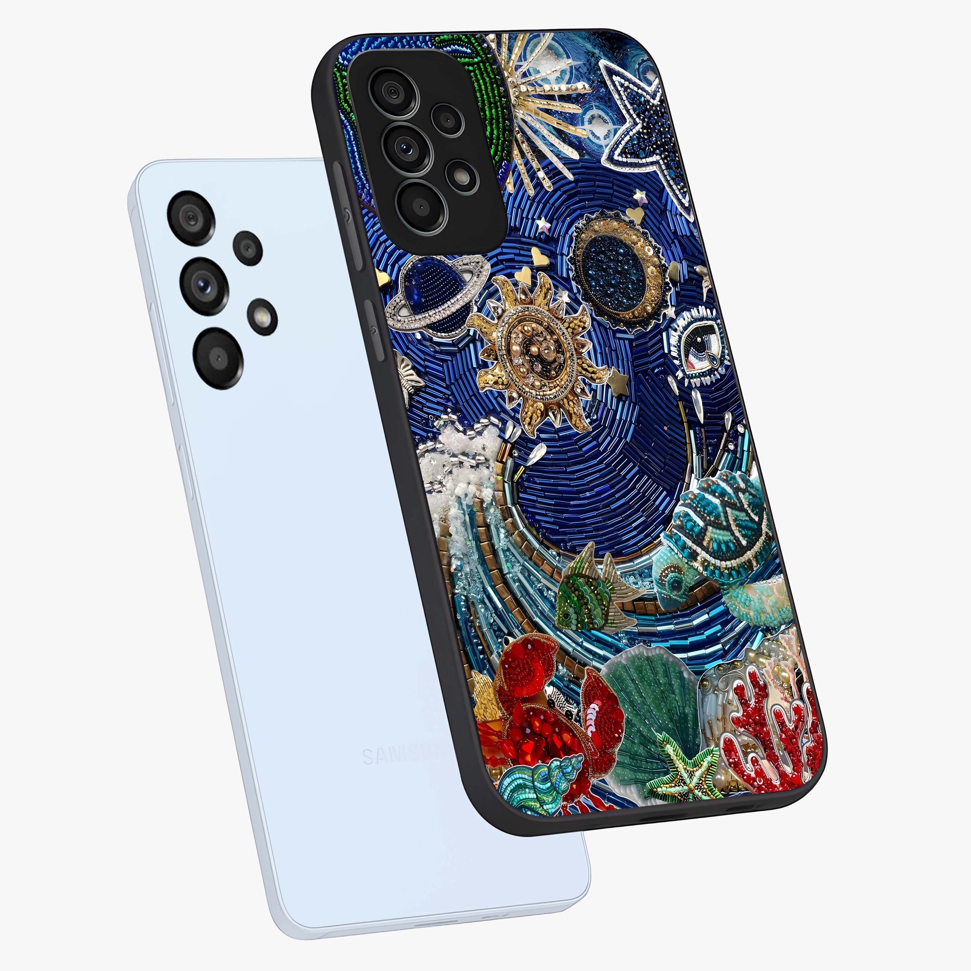 Universe Underwater Spark Glass Case displayed in angled mockup highlighting glowing aquatic design with celestial aesthetic.