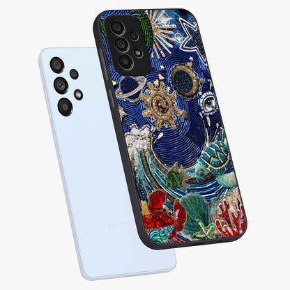 Universe Underwater Spark Glass Case displayed in angled mockup highlighting glowing aquatic design with celestial aesthetic.
