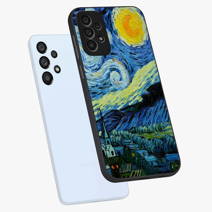 Van Gogh Art Glass Case displayed in angled mockup highlighting swirling brushstroke design with artistic aesthetic.