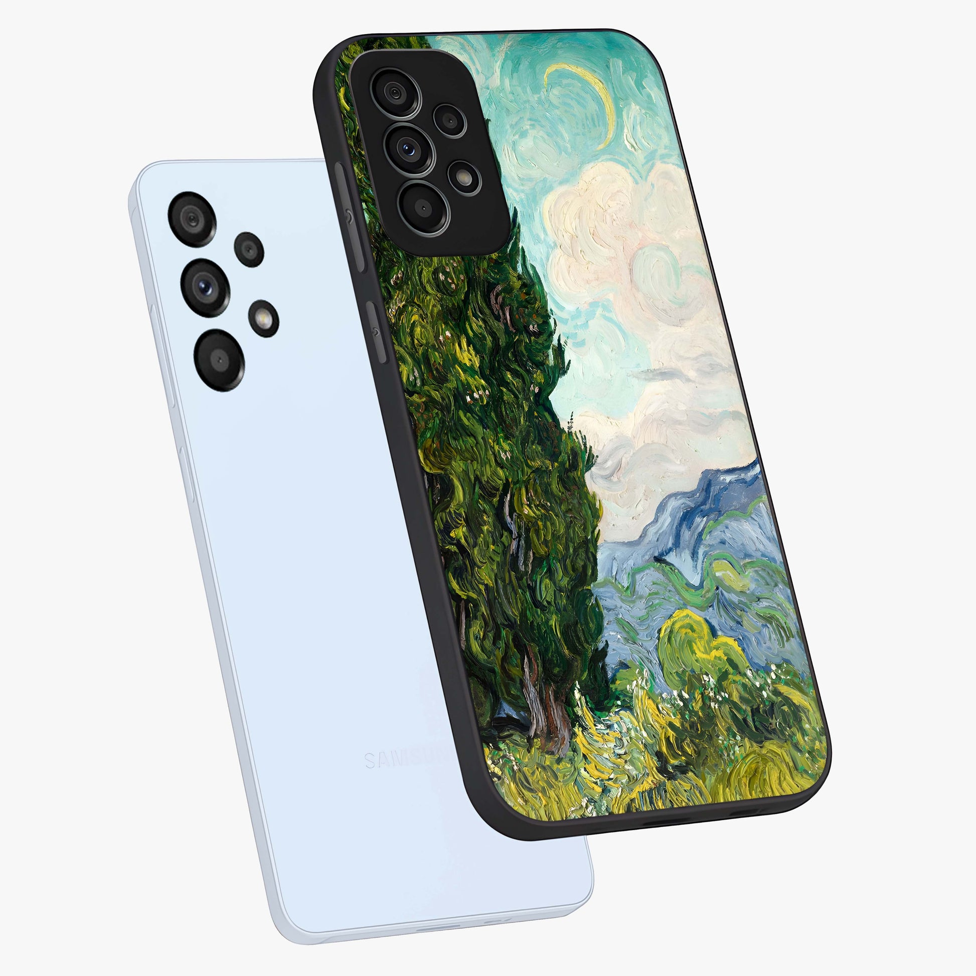 Van Gogh Vintage Art Glass Case displayed in angled mockup highlighting textured brushstroke design with classic aesthetic.