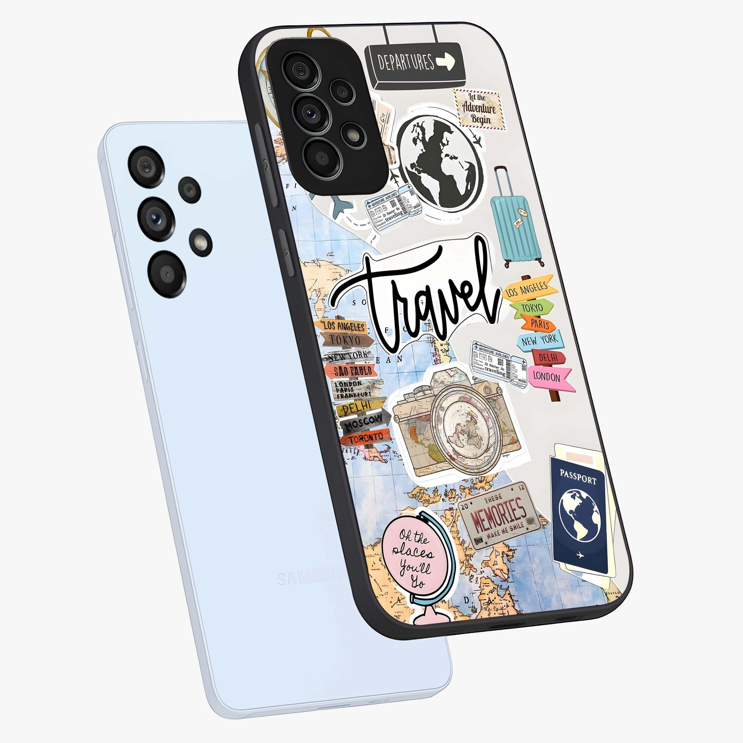 Wanderlust Journal Glass Case displayed in angled mockup highlighting adventure themed design with aesthetic travel vibe.