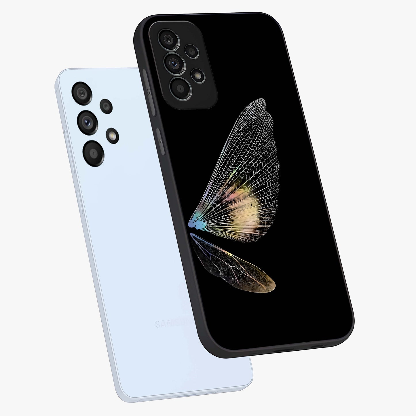 Whispers Of Wings Glass Case displayed in angled mockup highlighting soft feather design with celestial aesthetic style.