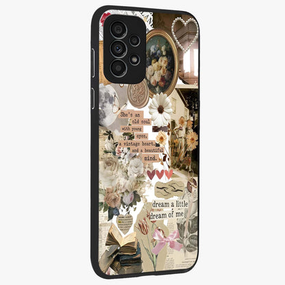 Aesthetic Brown Vintage Collage Glass Case upright view showcasing nostalgic retro artwork with stylish vintage theme.