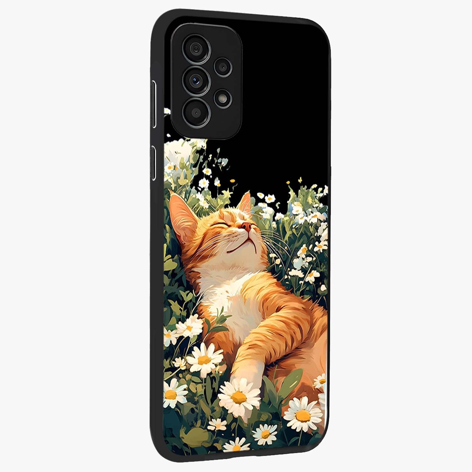 Blissful Bloom Cat Glass Case upright view showcasing charming cat design surrounded by blooming floral elements.