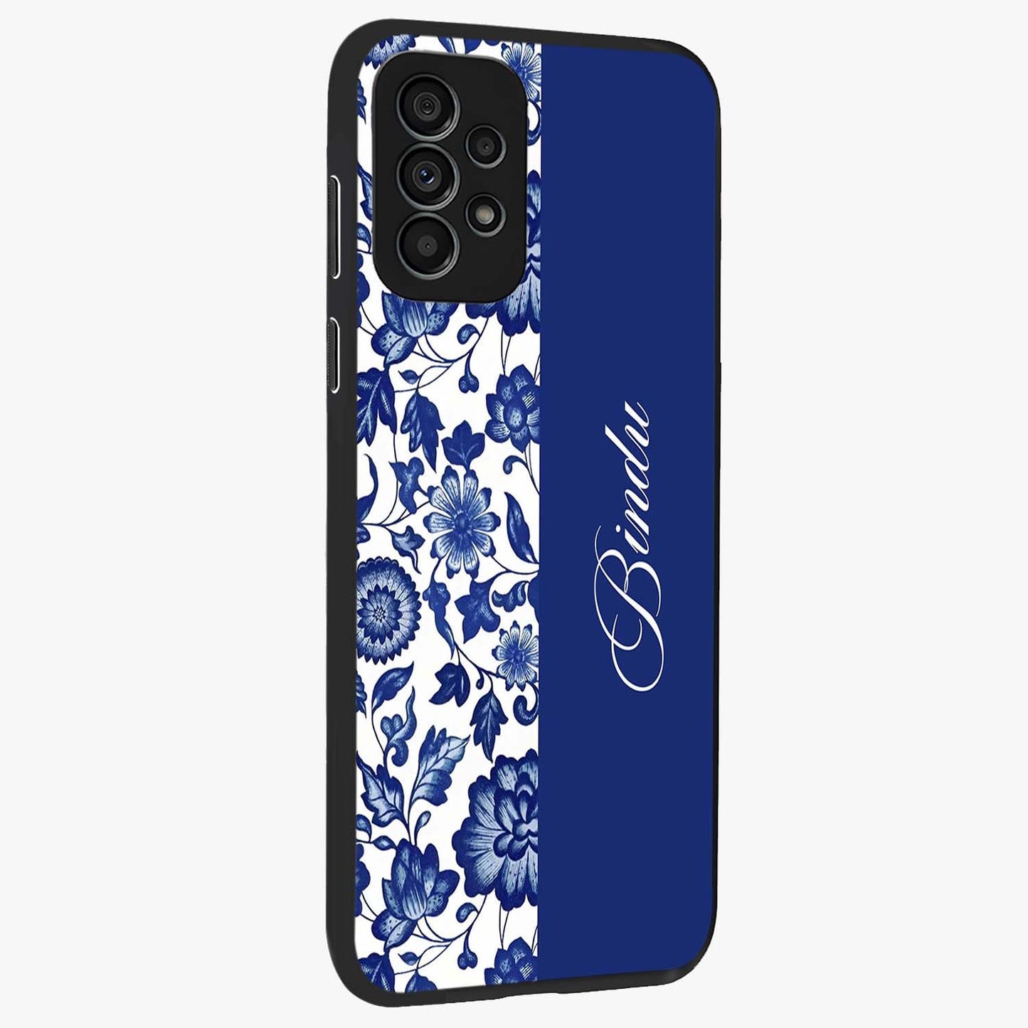 Blue Vintage Floral Pattern Glass Case upright view showcasing delicate blush floral texture with modern minimal style.