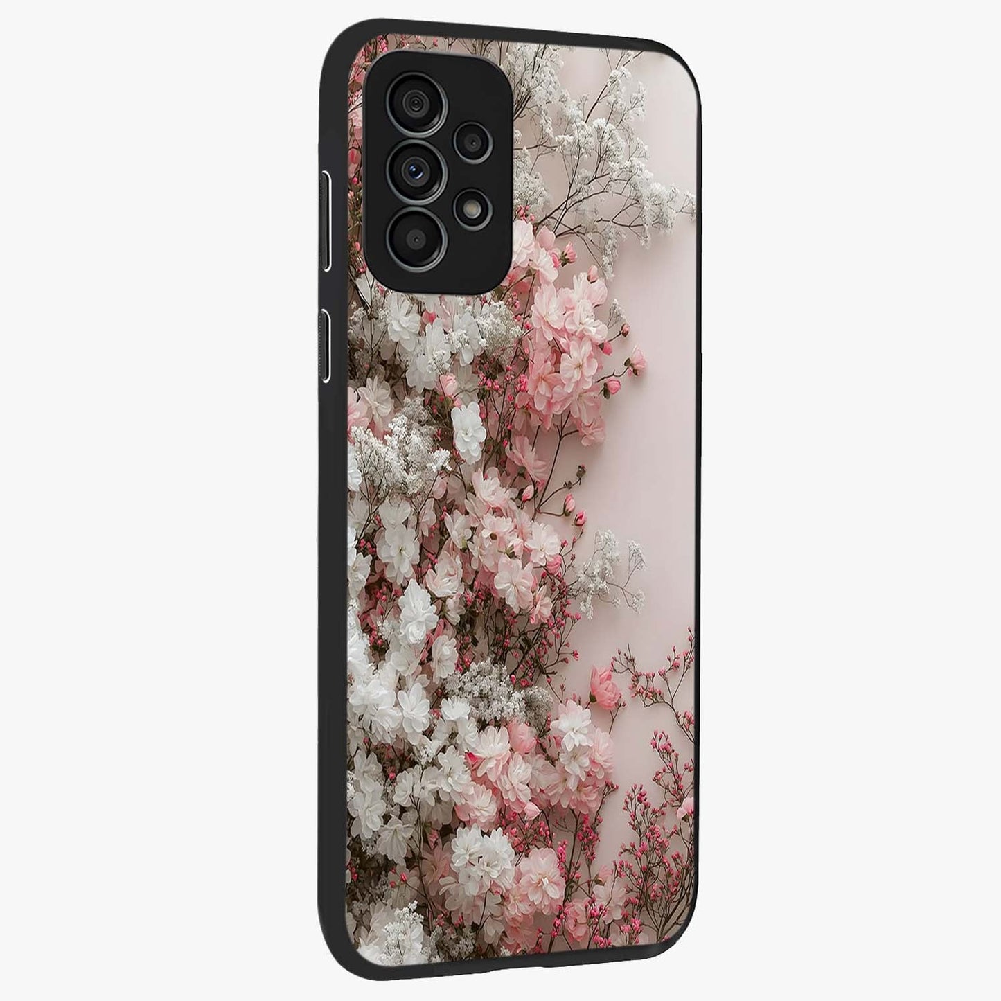 Blush Blossom Cloud Glass Case upright view showcasing calm floral cloud artwork with gentle dreamy theme.