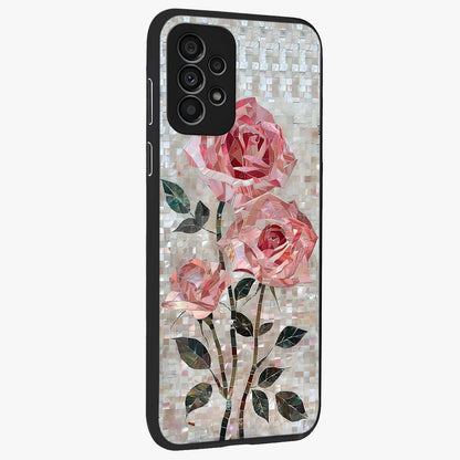 Blush Mosaic Bloom Glass Case upright view showcasing decorative floral mosaic artwork with stylish modern aesthetic.
