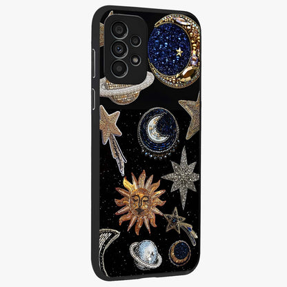 Celestial Gem Constellations Glass Case upright view showcasing cosmic constellation artwork with celestial aesthetic style.