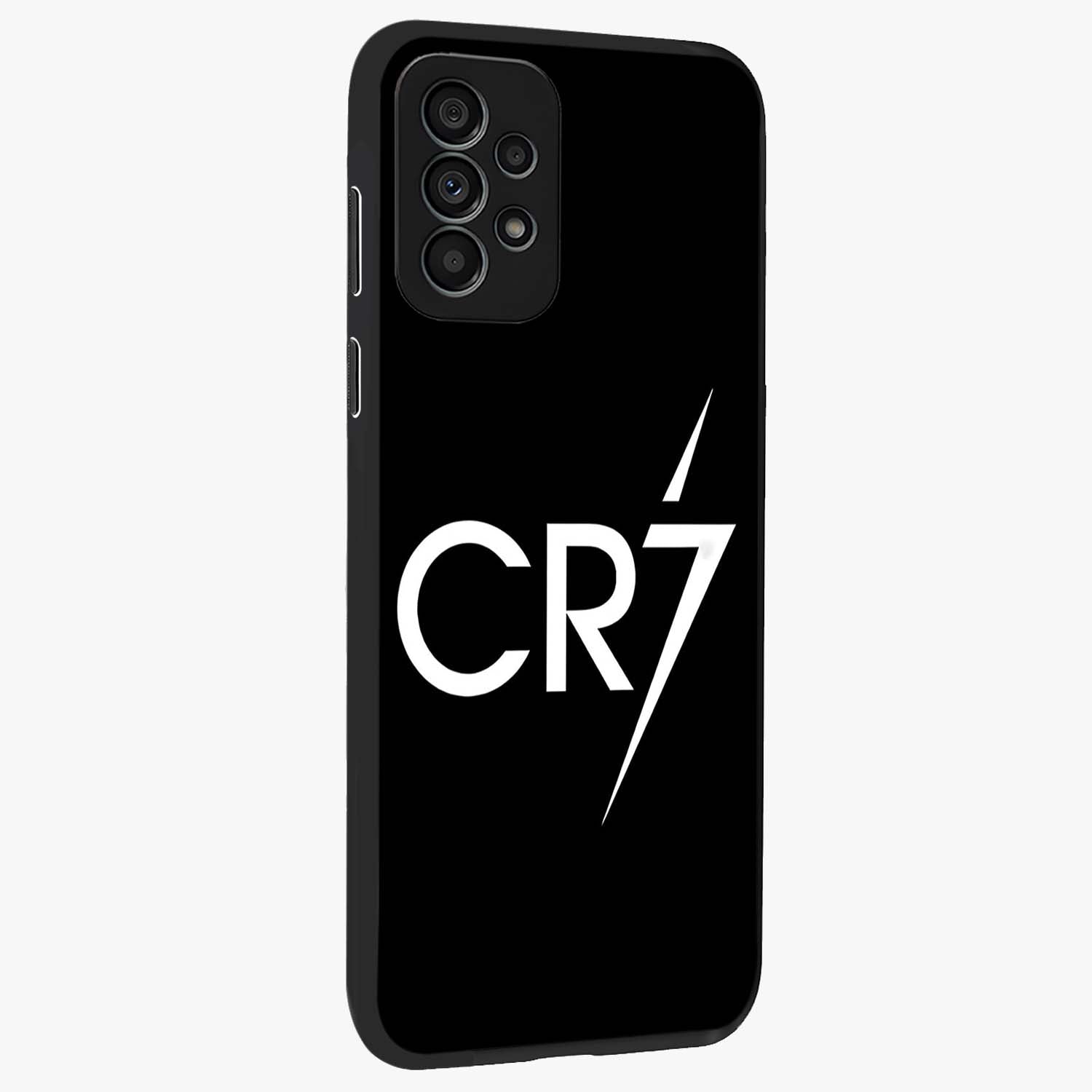 Cr7 Elite Strike Glass Case upright view showcasing energetic football inspired design with modern sports aesthetic.