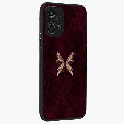Crimson Fade Butterfly Glass Case upright view showcasing graceful butterfly artwork with soft crimson fade effect.