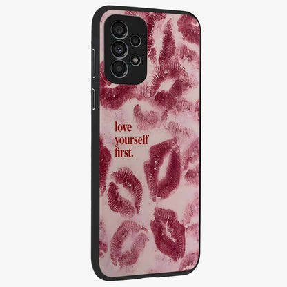Crimson Kiss Love Glass Case upright view showcasing expressive romantic artwork with deep crimson theme.