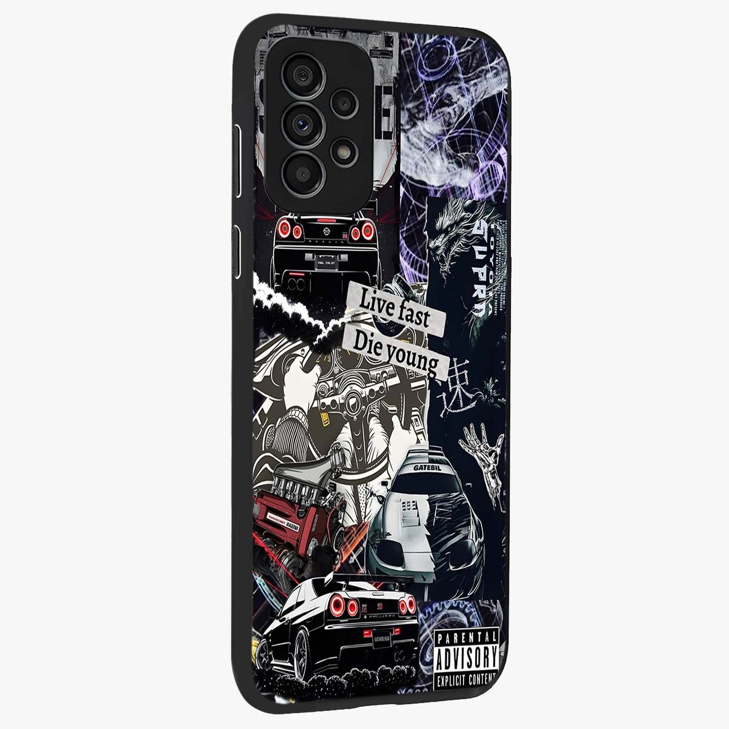 Die Young Glass Case upright view showcasing striking typography artwork with modern statement theme.