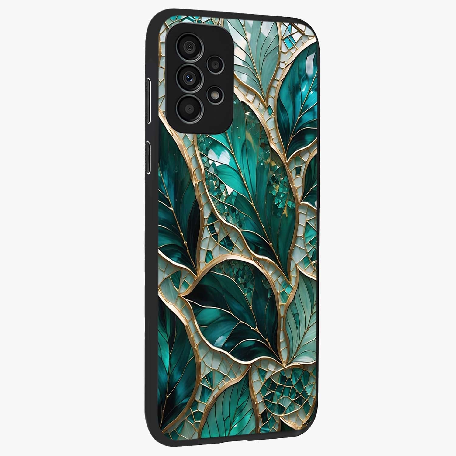 Emerald Leaf Glass Glass Case upright view showcasing fresh green leaf artwork with calming nature inspired style.