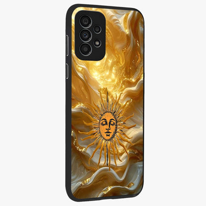 Eternal Golden Glow Glass Case upright view showcasing luminous golden artwork with luxurious visual theme.