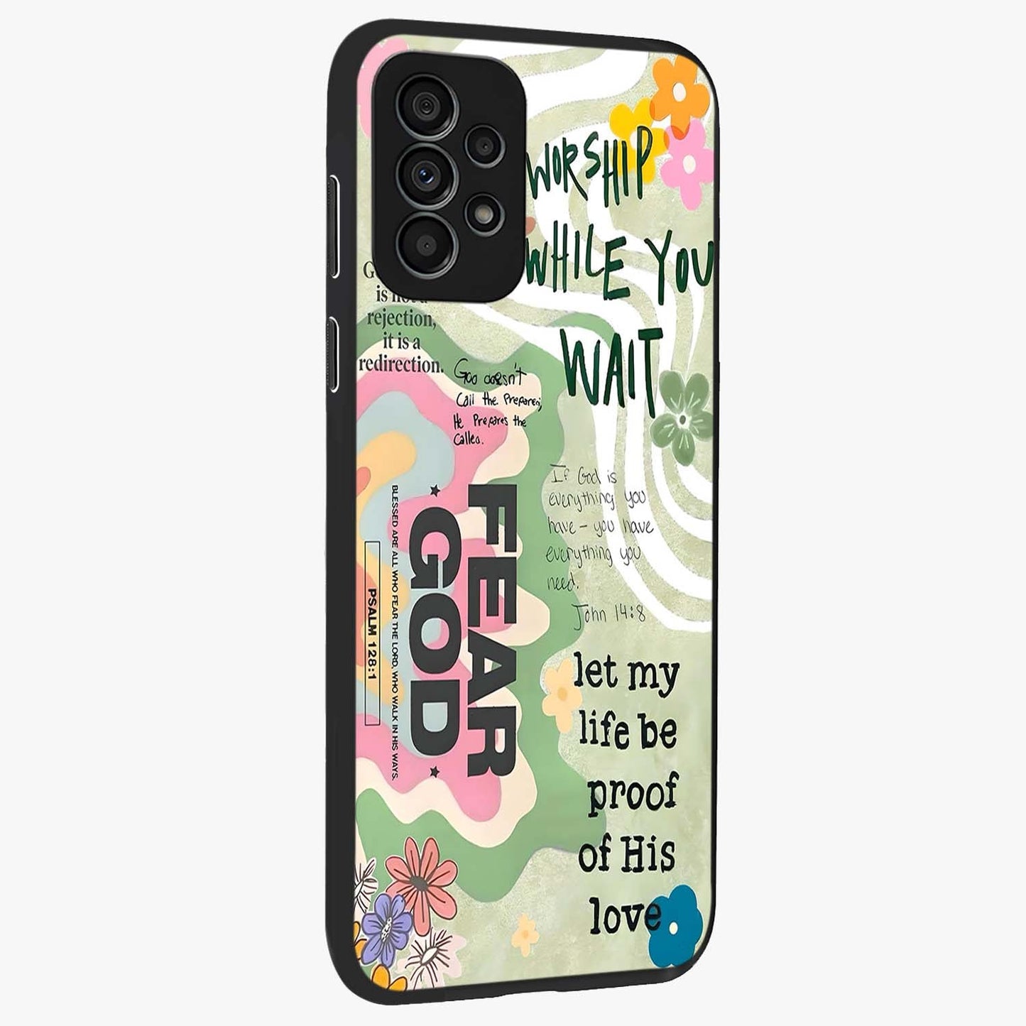 Faith Over Fear Glass Case upright view showcasing bold typography artwork with uplifting motivational theme.
