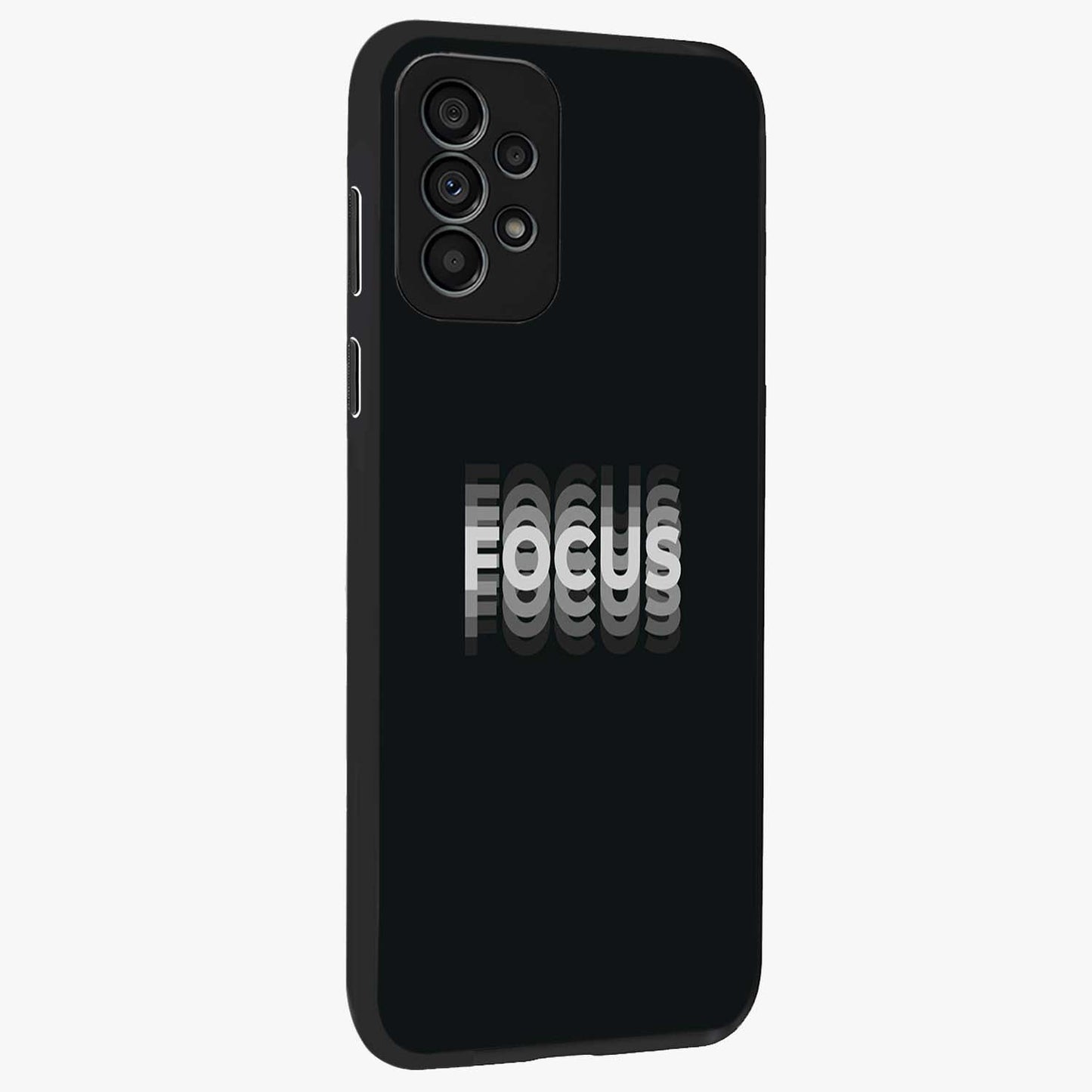 Focus Mode On Glass Case upright view showcasing strong typography statement with sleek motivational theme.