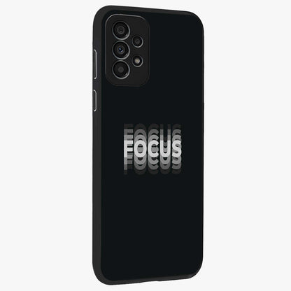 Focus Mode On Glass Case upright view showcasing strong typography statement with sleek motivational theme.