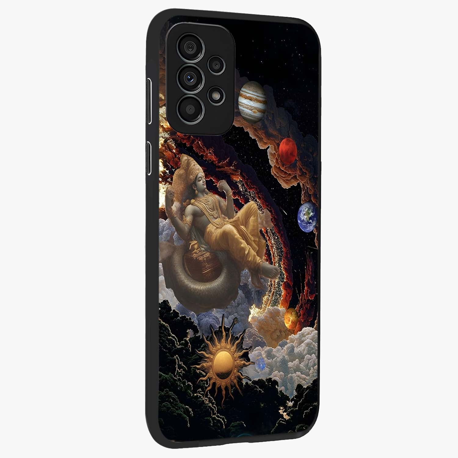 Galactic Divine God Glass Case upright view showcasing mystical divine artwork with dramatic cosmic theme.