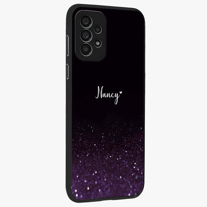 Glittery Purple Bokeh Custom Name Glass Case upright view showcasing vibrant purple sparkle artwork with personalized aesthetic style.