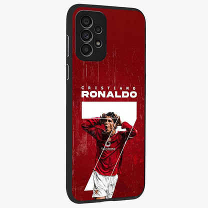 Goal Celebration Legacy Glass Case upright view showcasing dynamic football inspired artwork with victory celebration aesthetic.