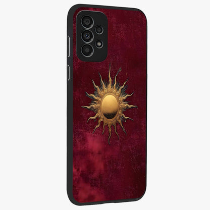 Golden Sun Minimalism Glass Case upright view showcasing simple golden sun artwork with elegant minimalist style.
