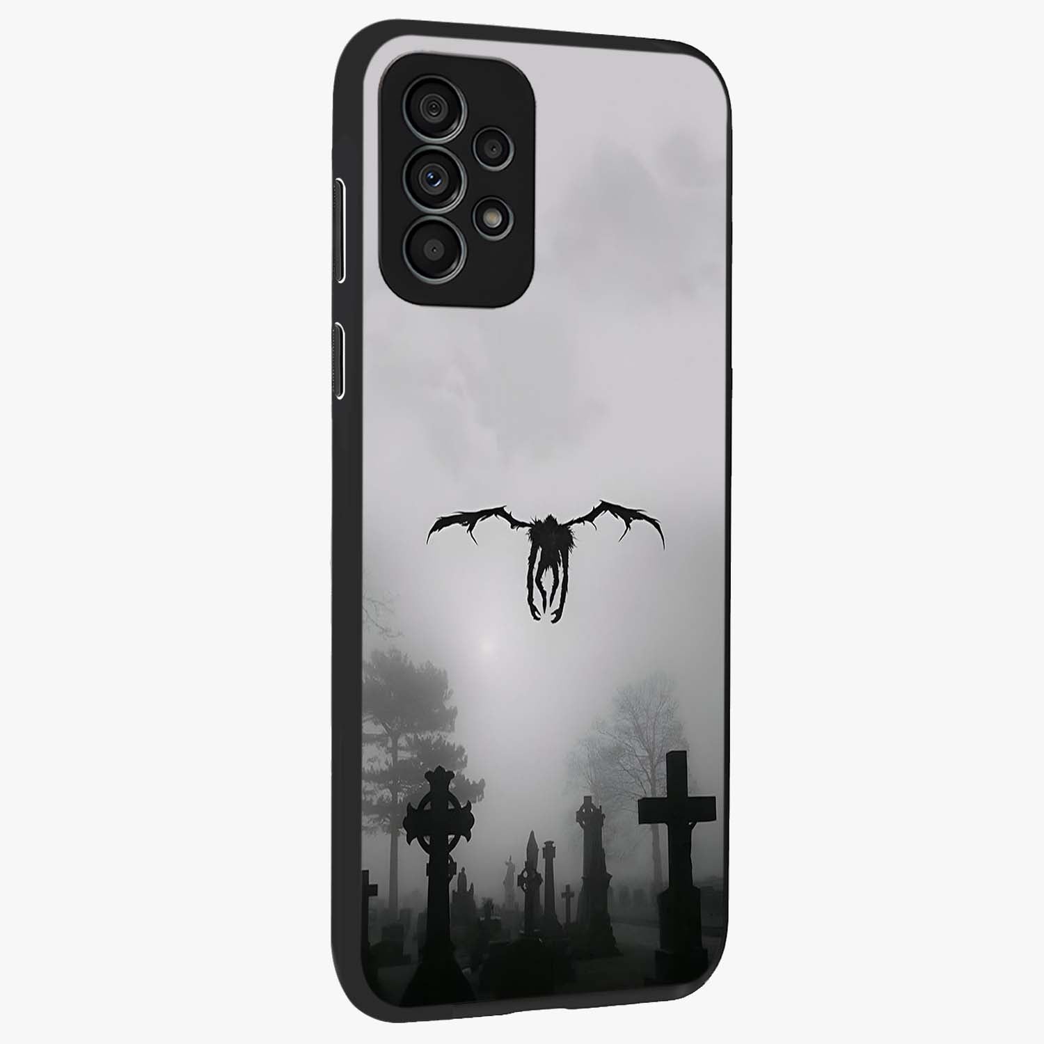 Graveyard Shadow Descent Glass Case upright view showcasing haunting graveyard artwork with dramatic dark theme.
