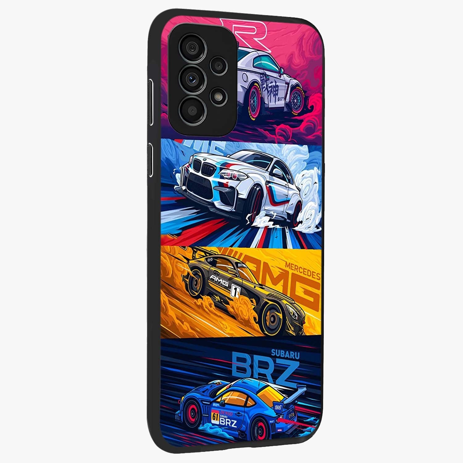JDM Sports Car Glass Case upright view showcasing dynamic sports car artwork with bold racing theme.