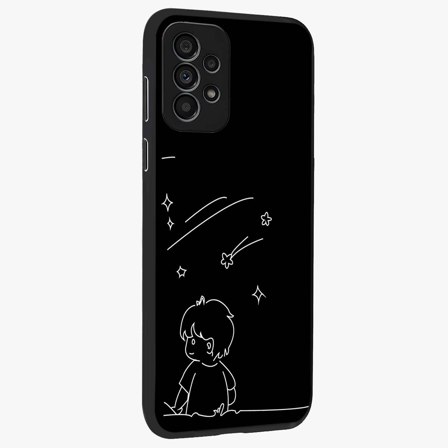 Line Art Boy With Shooting Stars Glass Case upright view showcasing artistic shooting star illustration with minimal style.