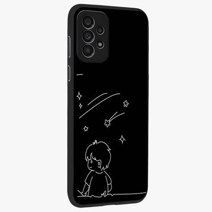 Line Art Boy With Shooting Stars Glass Case upright view showcasing artistic shooting star illustration with minimal style.