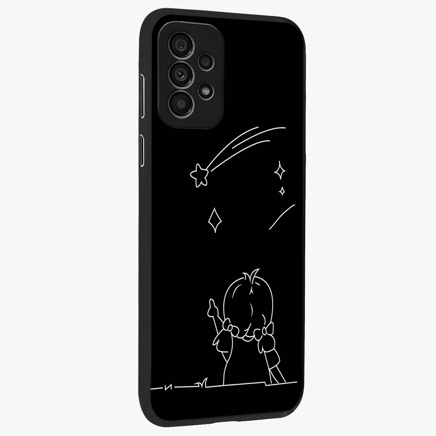 Line Art Girl With Shooting Stars Glass Case upright view showcasing delicate shooting stars artwork with minimal artistic theme.