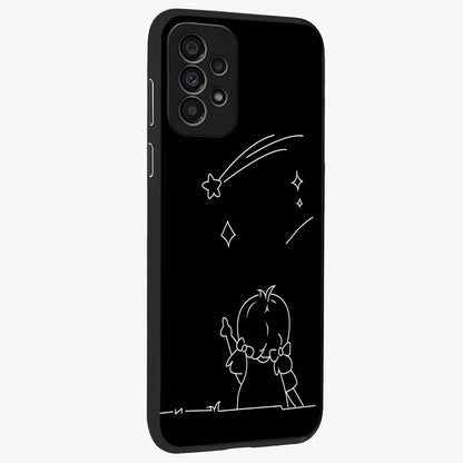 Line Art Girl With Shooting Stars Glass Case upright view showcasing delicate shooting stars artwork with minimal artistic theme.