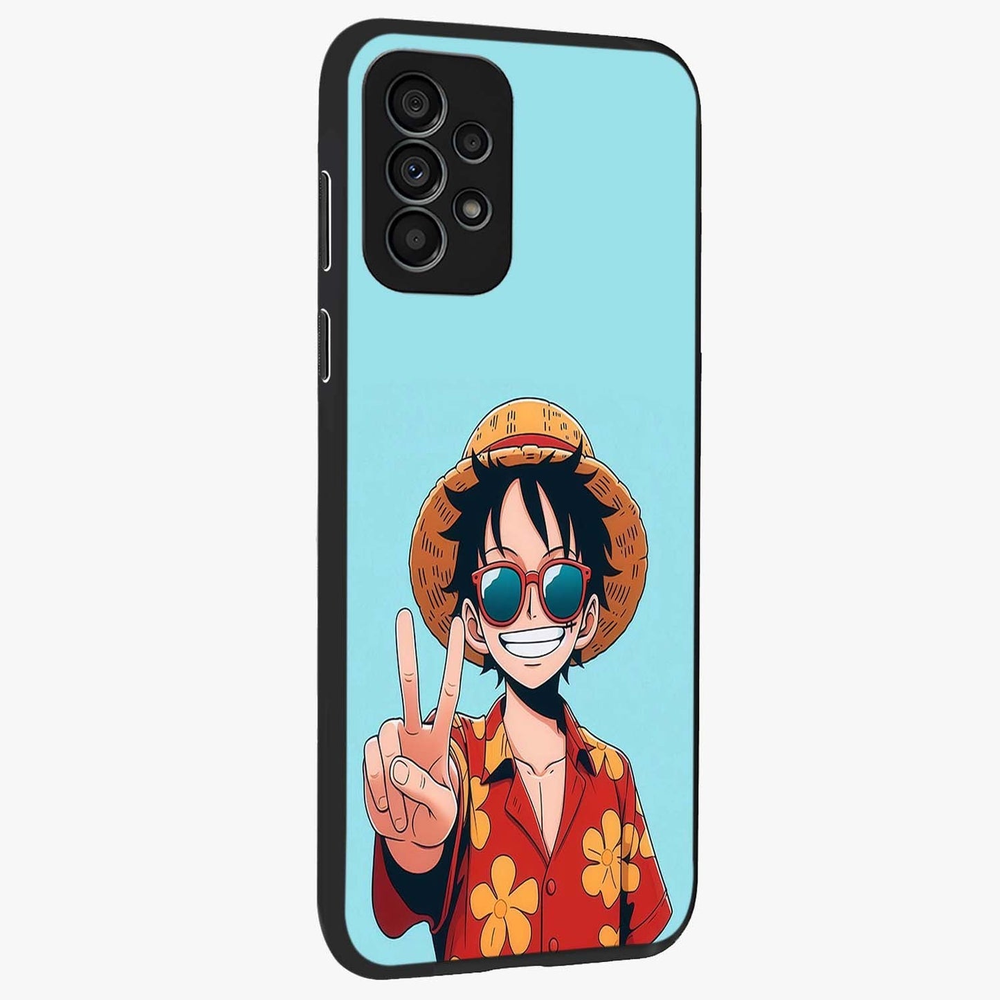 Luffy Summer Anime Vibe Glass Case upright view showcasing dynamic anime artwork with bright adventurous theme.