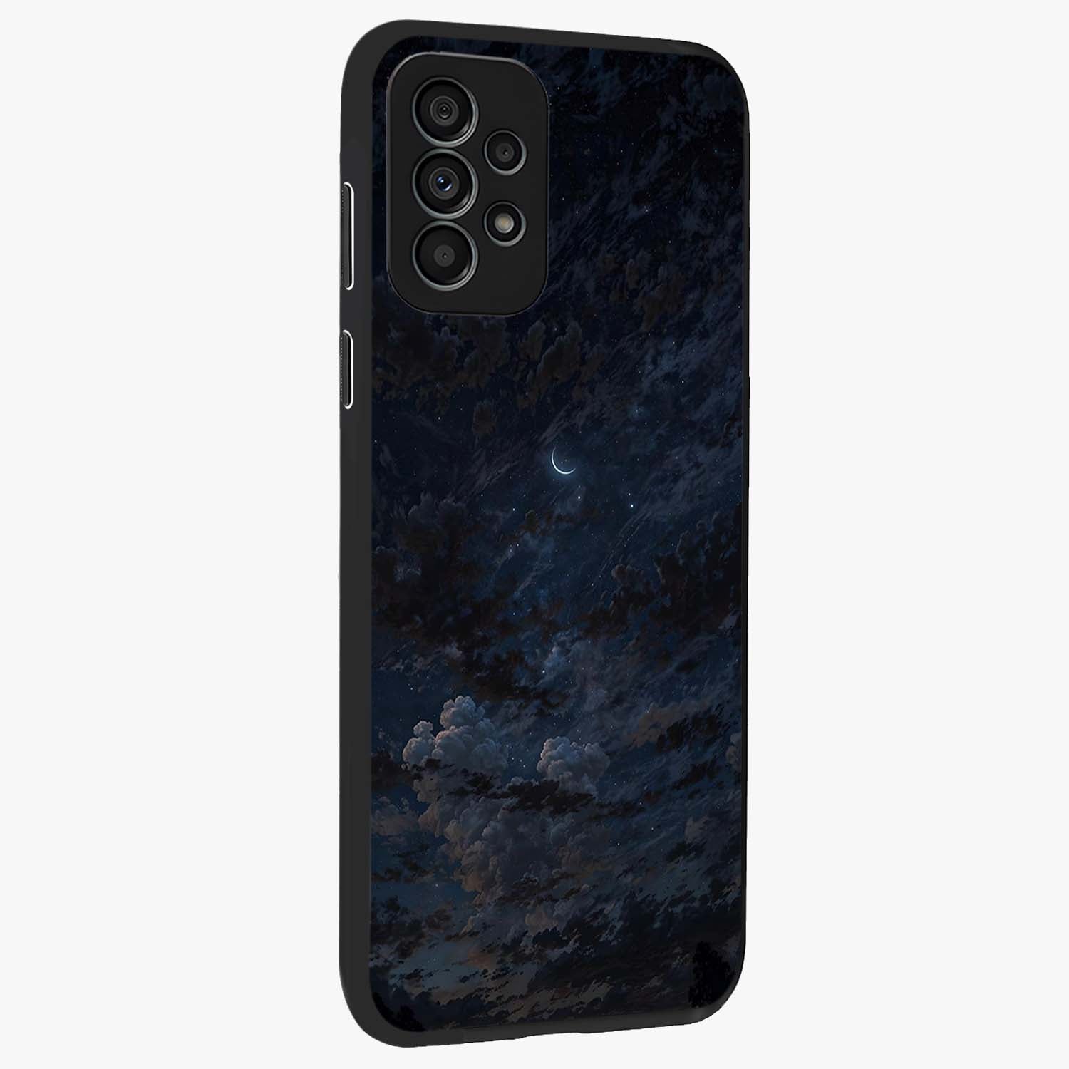Lunar Veil Silence Glass Case upright view showcasing calm moon themed artwork with serene night atmosphere.