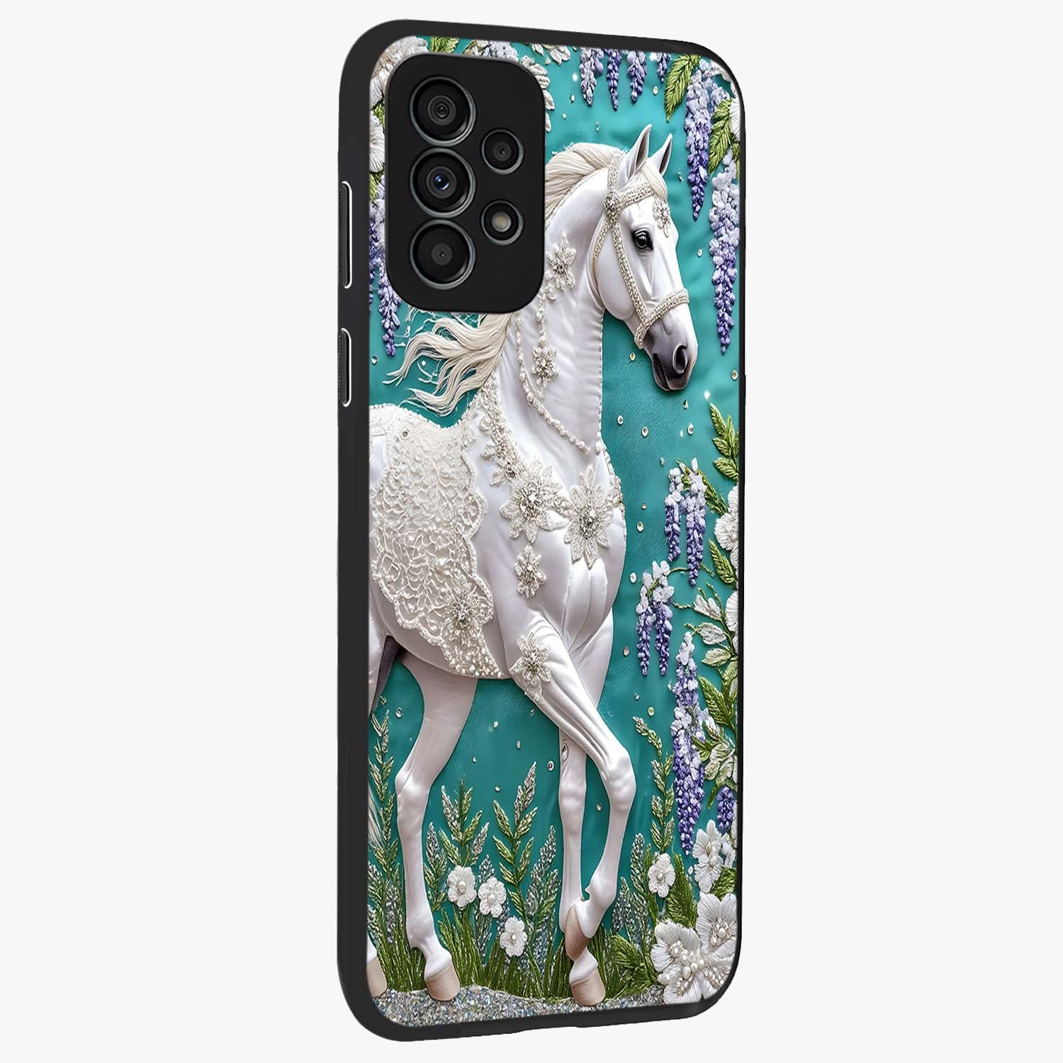 Majestic Floral Stallion Glass Case upright view showcasing dramatic horse artwork with decorative floral theme.