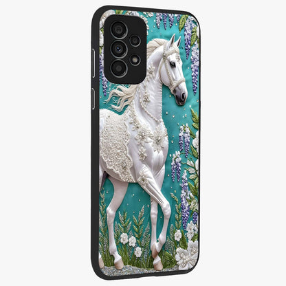 Majestic Floral Stallion Glass Case upright view showcasing dramatic horse artwork with decorative floral theme.