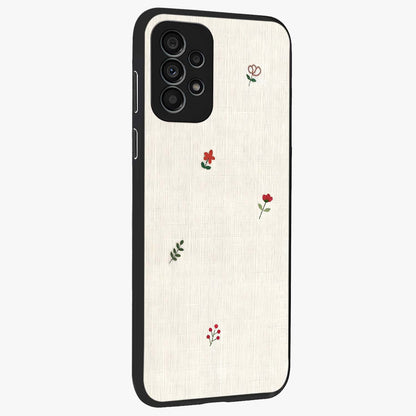 Minimalistic Blue With White Flower Pattern Glass Case upright view showcasing clean white flower artwork with calming blue theme.