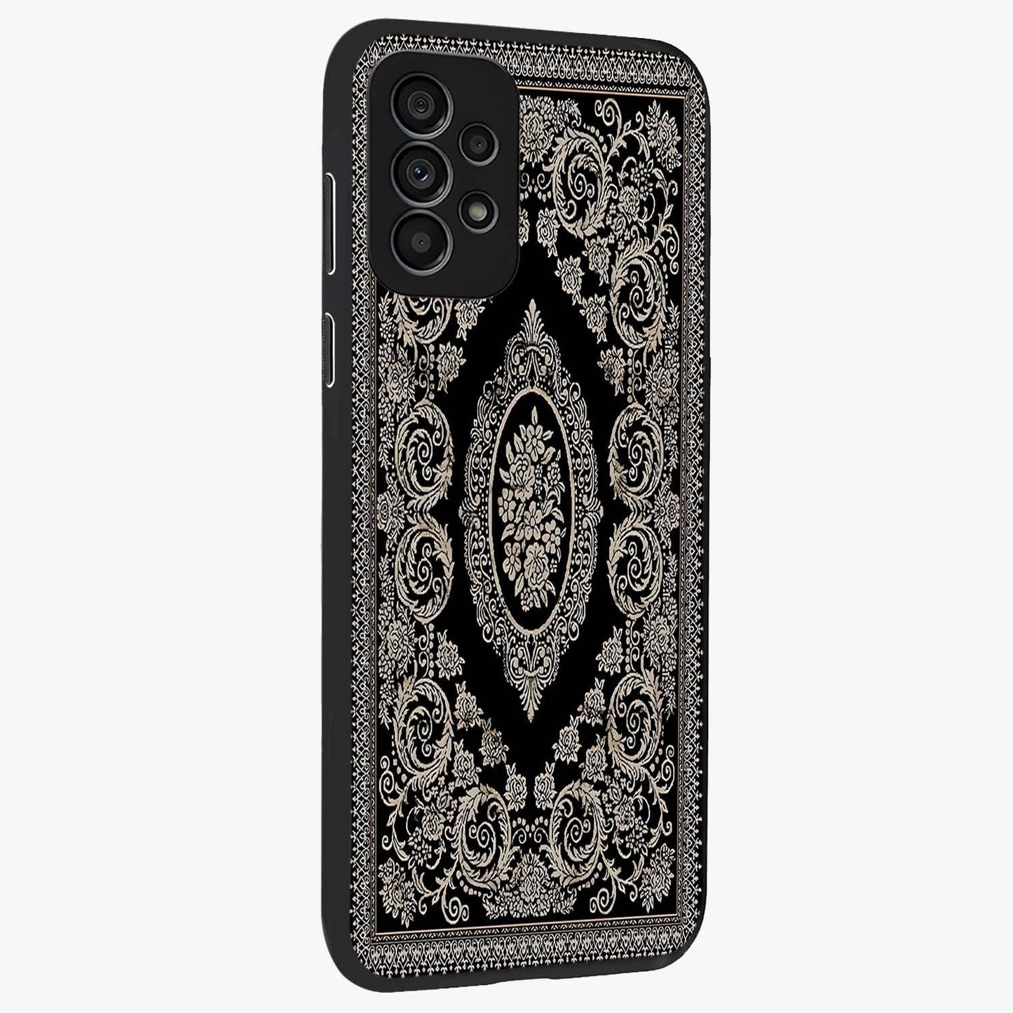 Noir Bloom Elegance Glass Case upright view showcasing graceful floral artwork with luxurious dark theme.