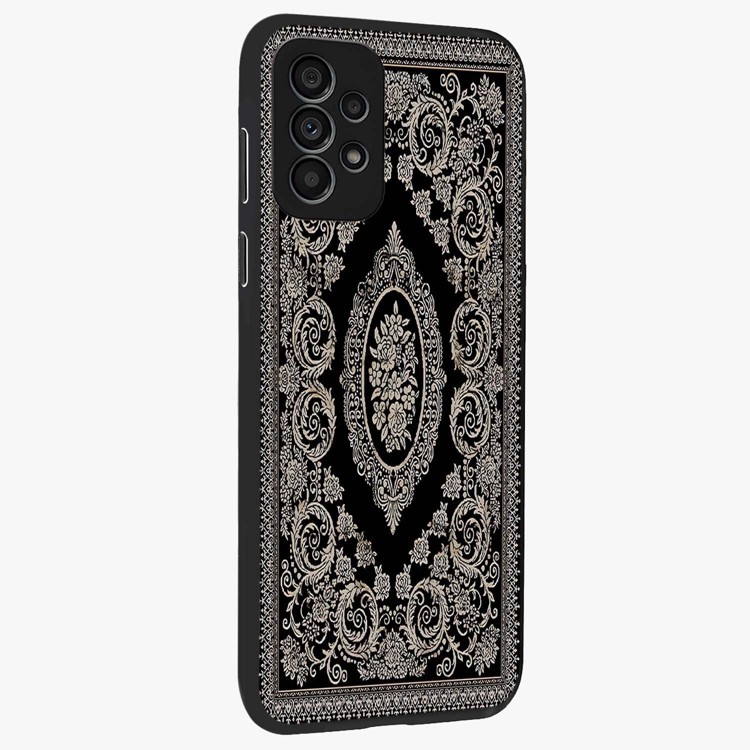 Noir Bloom Elegance Glass Case upright view showcasing graceful floral artwork with luxurious dark theme.