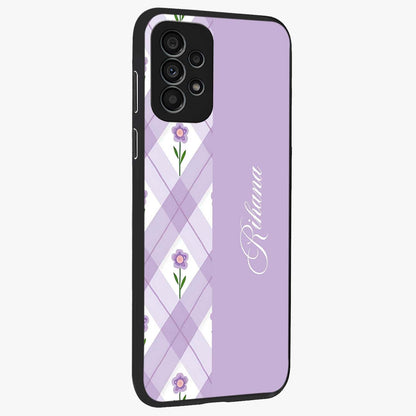 Purple Diamond Floral Glass Case upright view showcasing vibrant floral artwork with stylish geometric theme.