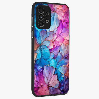 Radiant Floral Whirl Glass Case upright view showcasing lively floral artwork with decorative swirl theme.