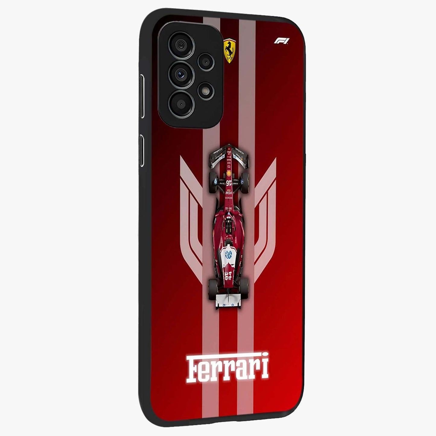 Red Ferrari F1 Vertical Glass Case upright view showcasing powerful Formula car artwork with dynamic motorsport theme.
