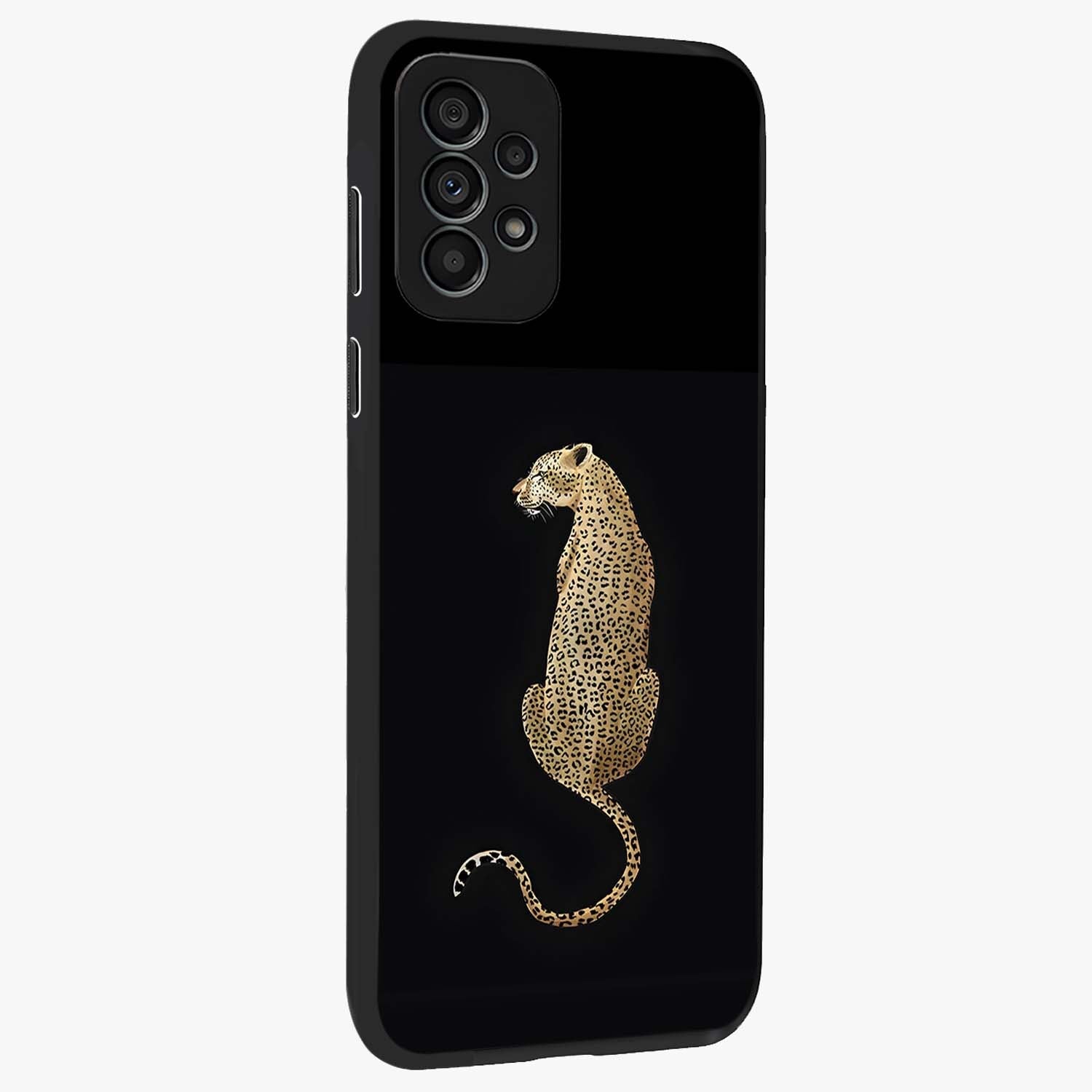 Regal Leopard Glass Case upright view showcasing striking leopard artwork with fierce wildlife theme.