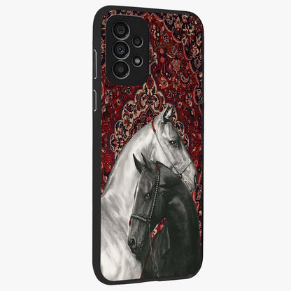 Regal Stallion Tapestry Glass Case upright view showcasing powerful horse artwork with elegant tapestry theme.