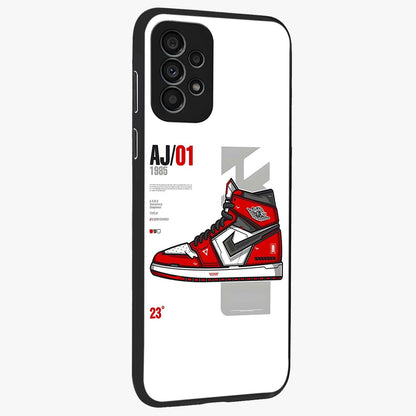 Retro Sneaker Blueprint Glass Case upright view showcasing stylish sneaker illustration with vintage streetwear theme.