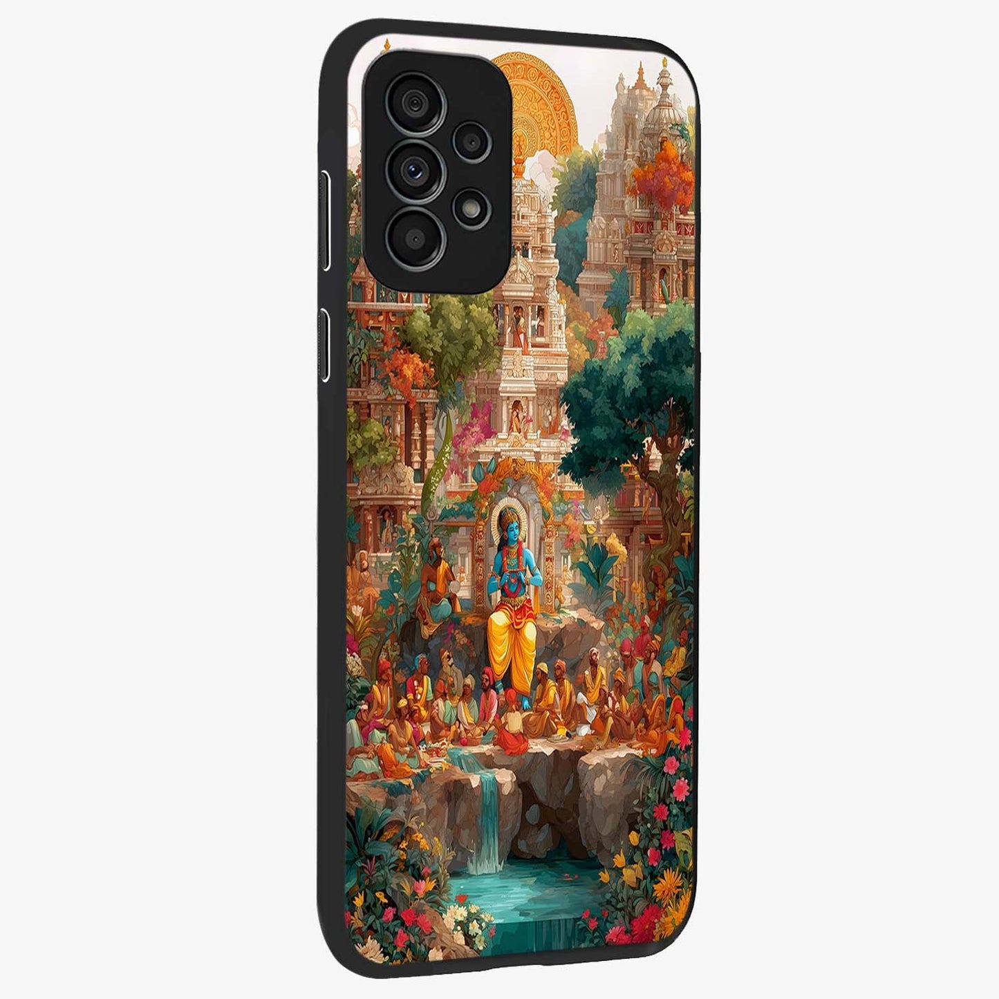 Sacred Sunlight Gods Glass Case upright view showcasing glowing divine artwork with sacred mythological theme.