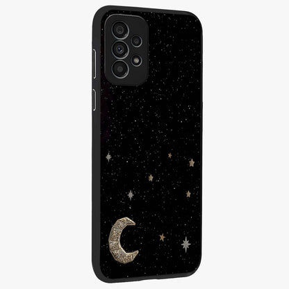 Twinkle Star With Half Moon Glass Case upright view showcasing glowing cosmic artwork with dreamy night theme.