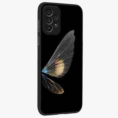 Whispers Of Wings Glass Case upright view showcasing elegant wing artwork with light airy theme.
